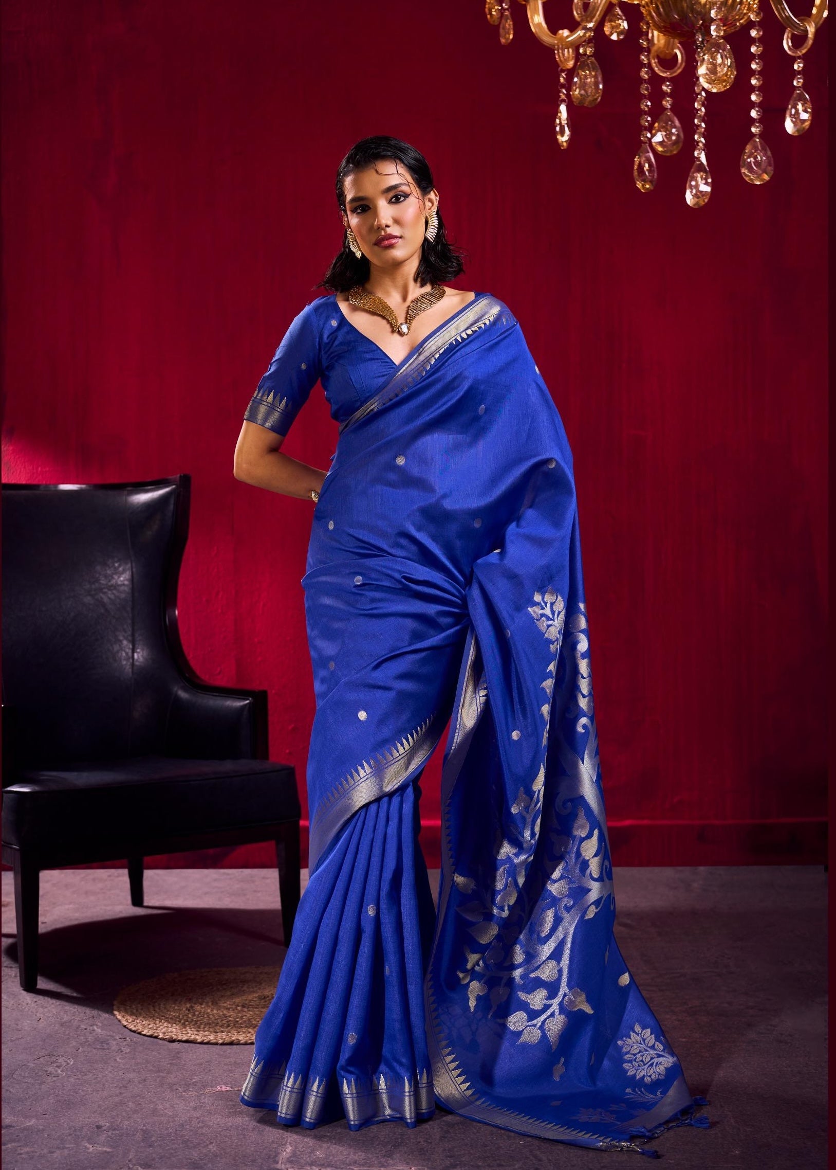 Royal Blue Kataan Silk Readymade/Easy Saree - Panaash Saree