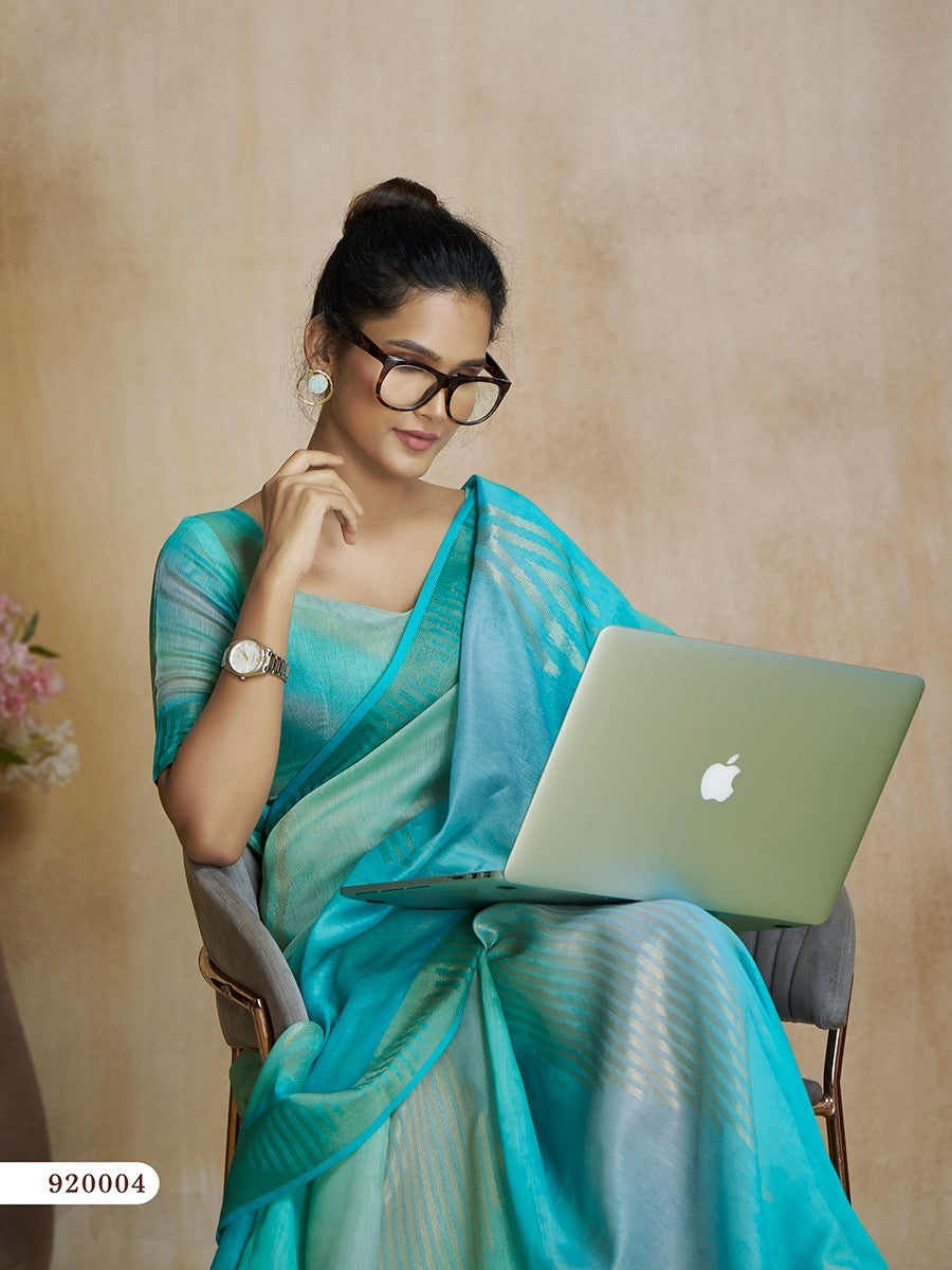 Turquoise Tone Digital Print Silk Readymade/Easy Saree