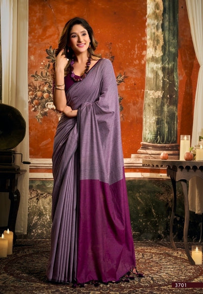 Ready-to-wear cotton saree in mauve and plum, draped crossover and contrast border