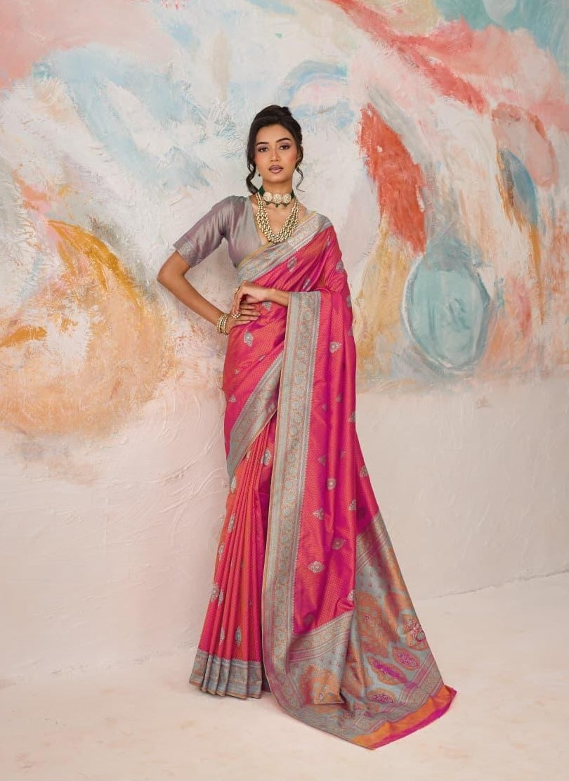 Pink-Red Readymade/Easy Kanjivaram Saree - Panaash Saree