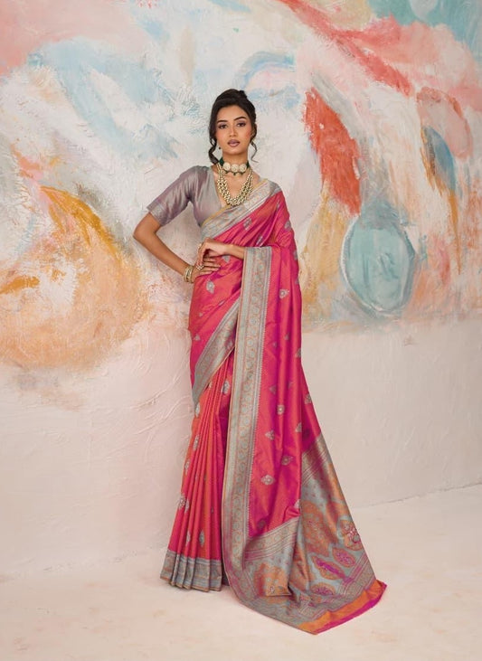 Pink-Red Readymade/Easy Kanjivaram Saree - Panaash Saree