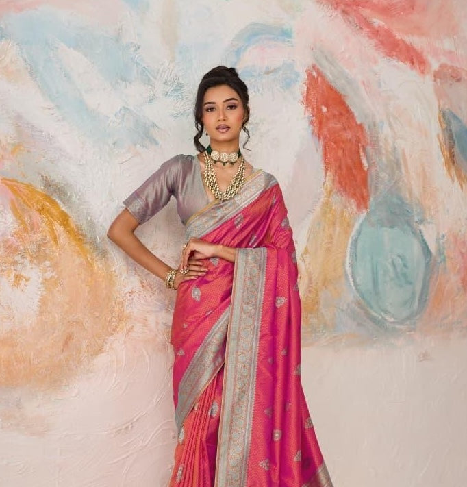 Pink-Red Readymade/Easy Kanjivaram Saree - Panaash Saree