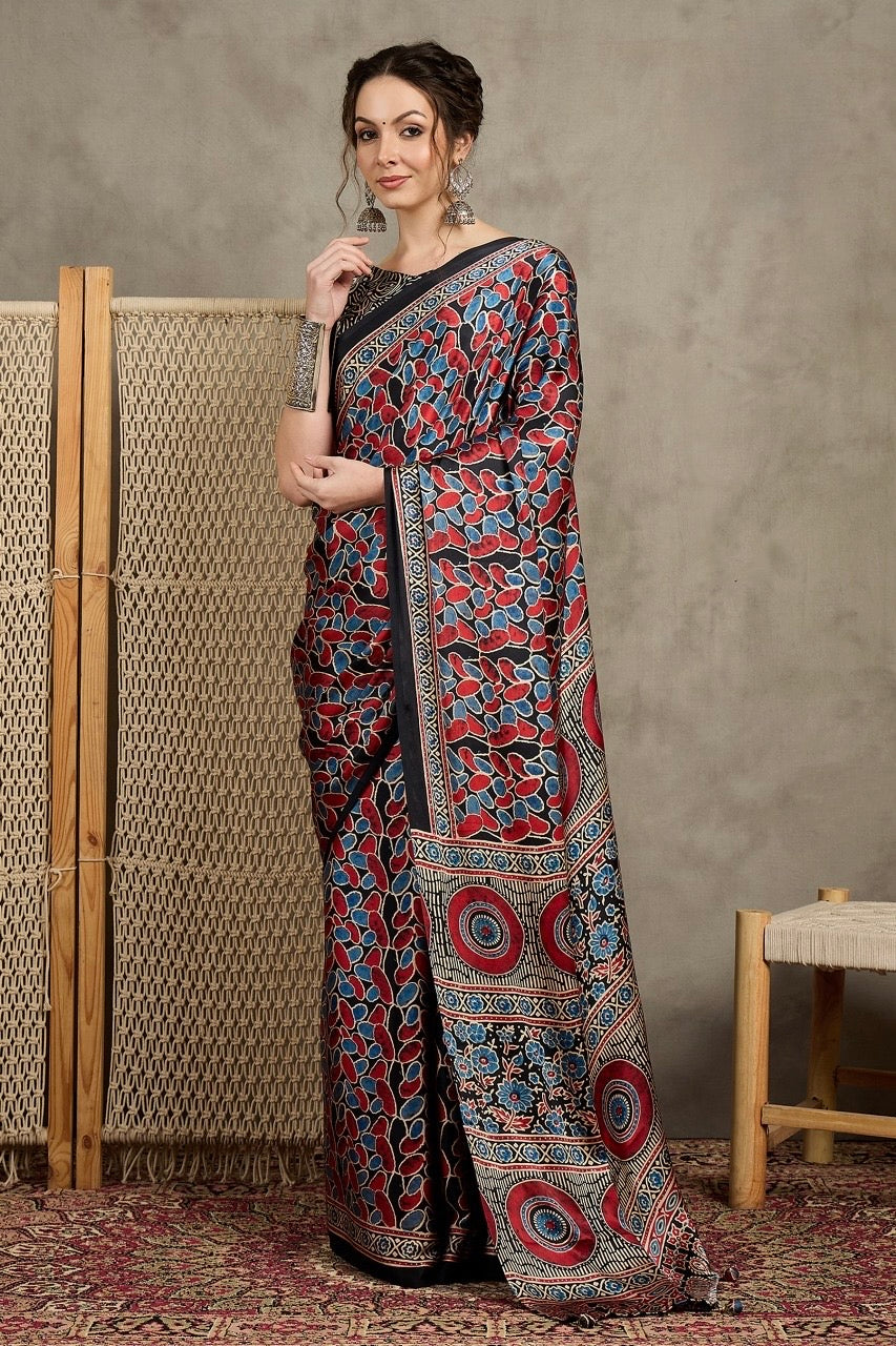 Black Ajrakh Office Wear Crepe Silk Easy/Readymade Saree