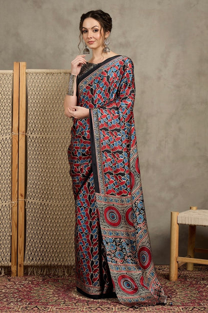 Black Ajrakh Office Wear Crepe Silk Easy/Readymade Saree