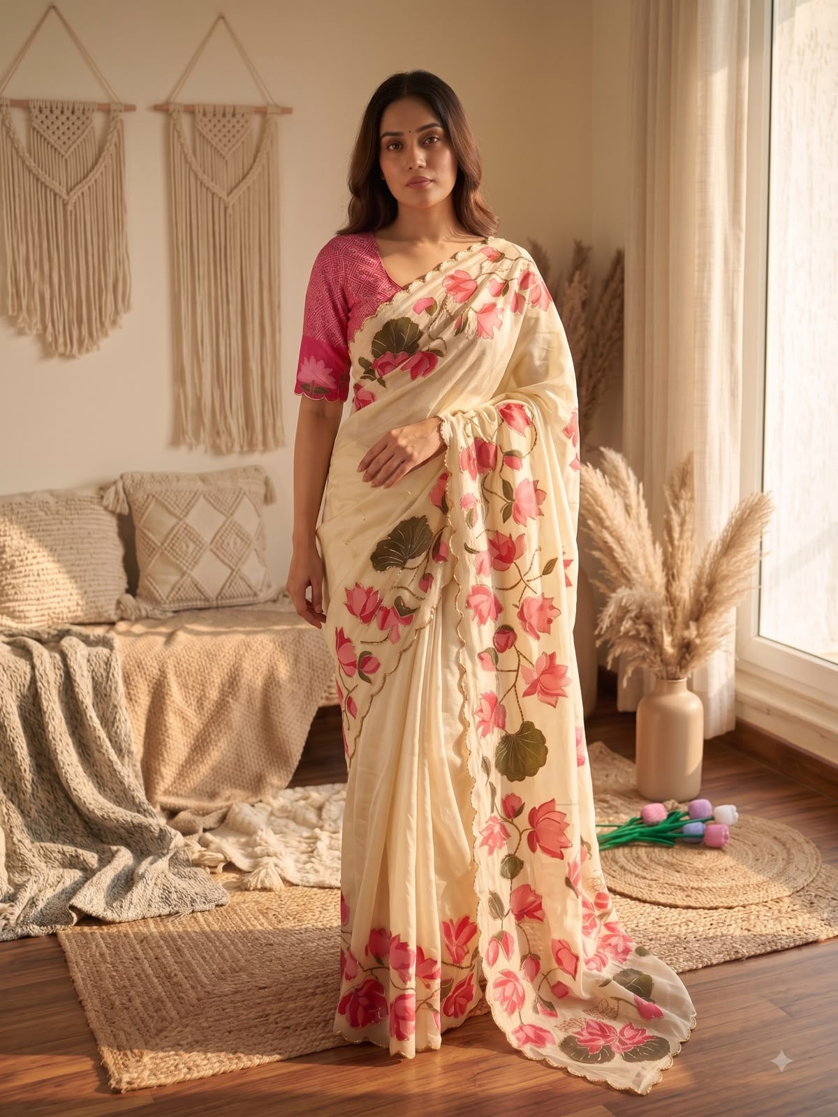 Off-white saree with pink floral prints, short-sleeve ready-to-wear blouse