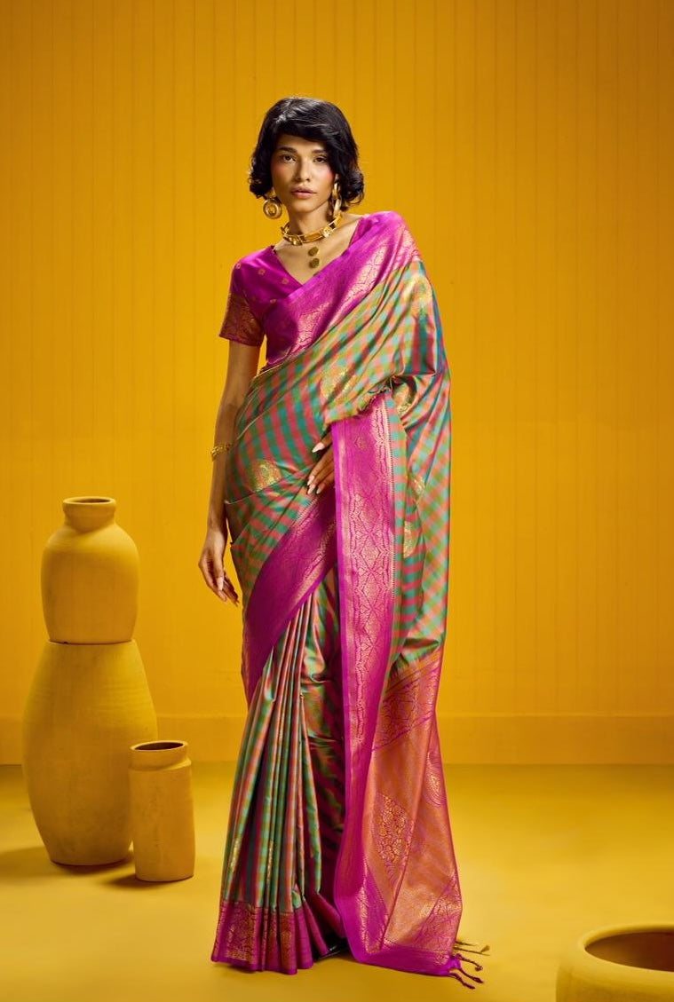 Teal-Green Checks Readymade/Easy Kanjivaram Saree - Panaash Saree