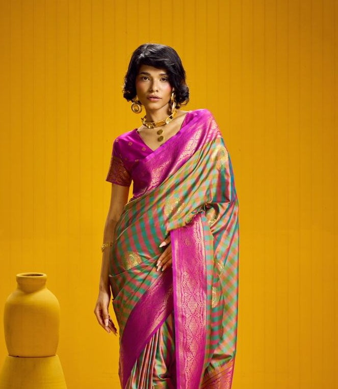 Teal-Green Checks Readymade/Easy Kanjivaram Saree - Panaash Saree