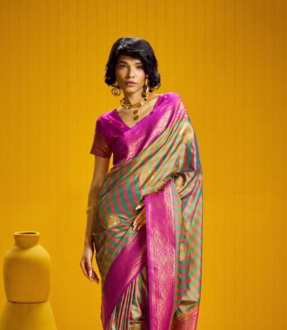 Teal-Green Checks Readymade/Easy Kanjivaram Saree - Panaash Saree