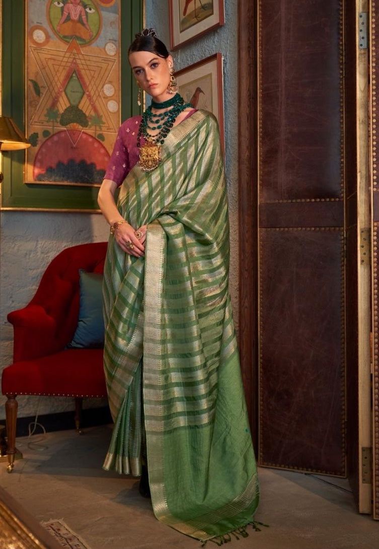 Green Banarasi Silk Readymade/Easy Saree