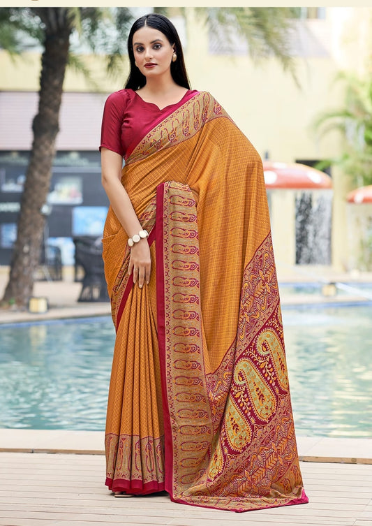 Mustard crepe silk easy saree with maroon blouse, patterned border and drape