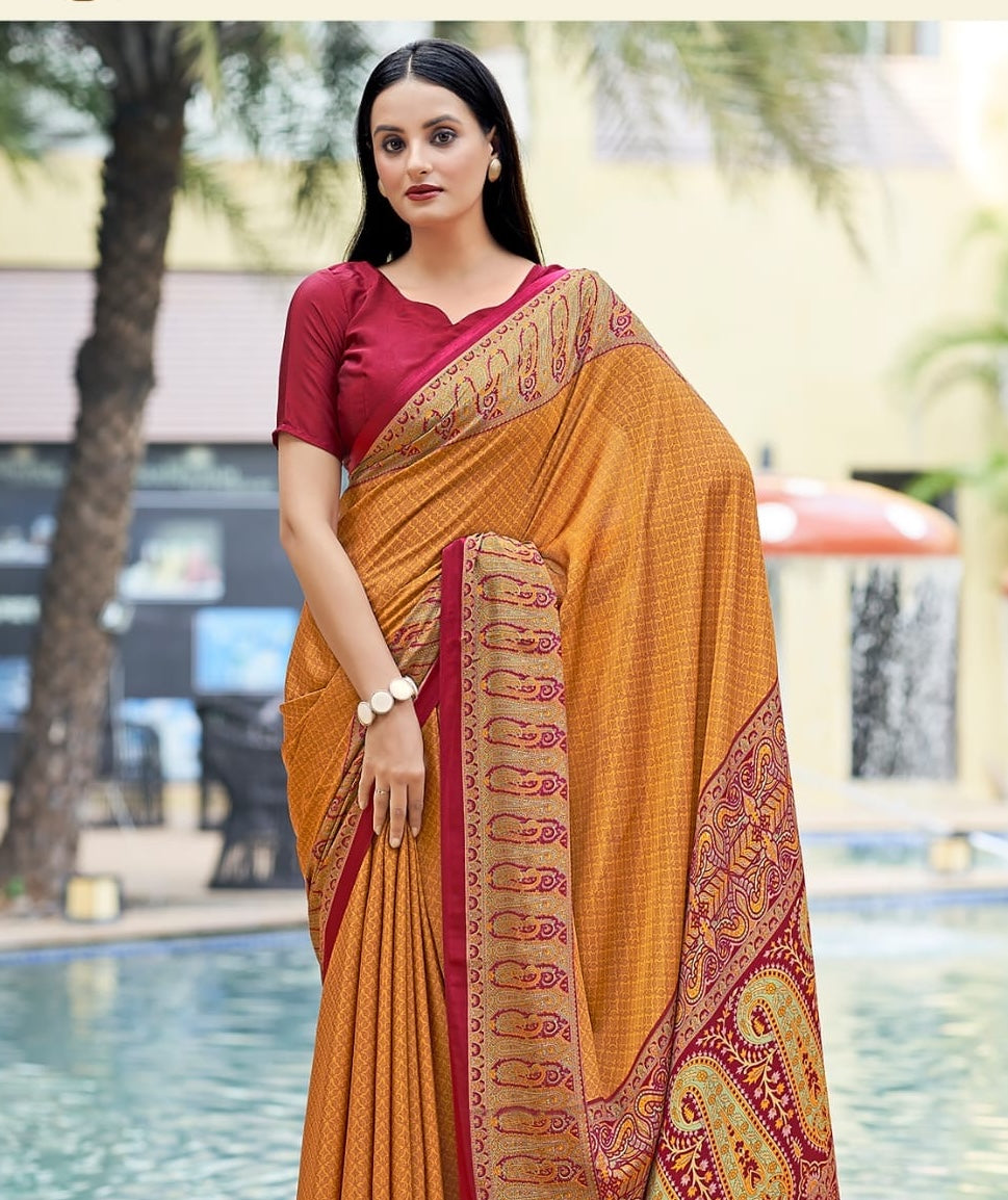 Mustard crepe silk easy saree with maroon blouse, ornate patterned pallu border