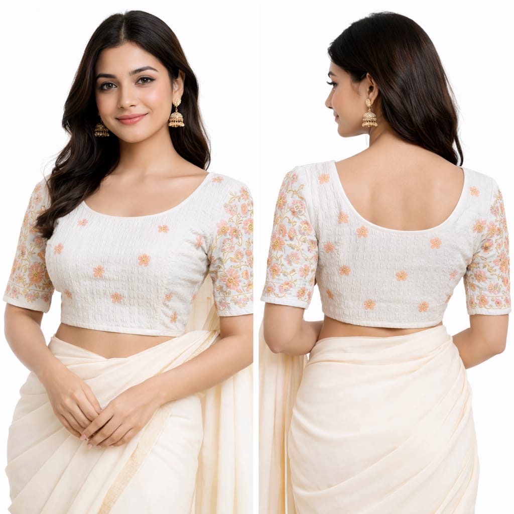White Stretchable Embroidered Blouse - Panaash Saree