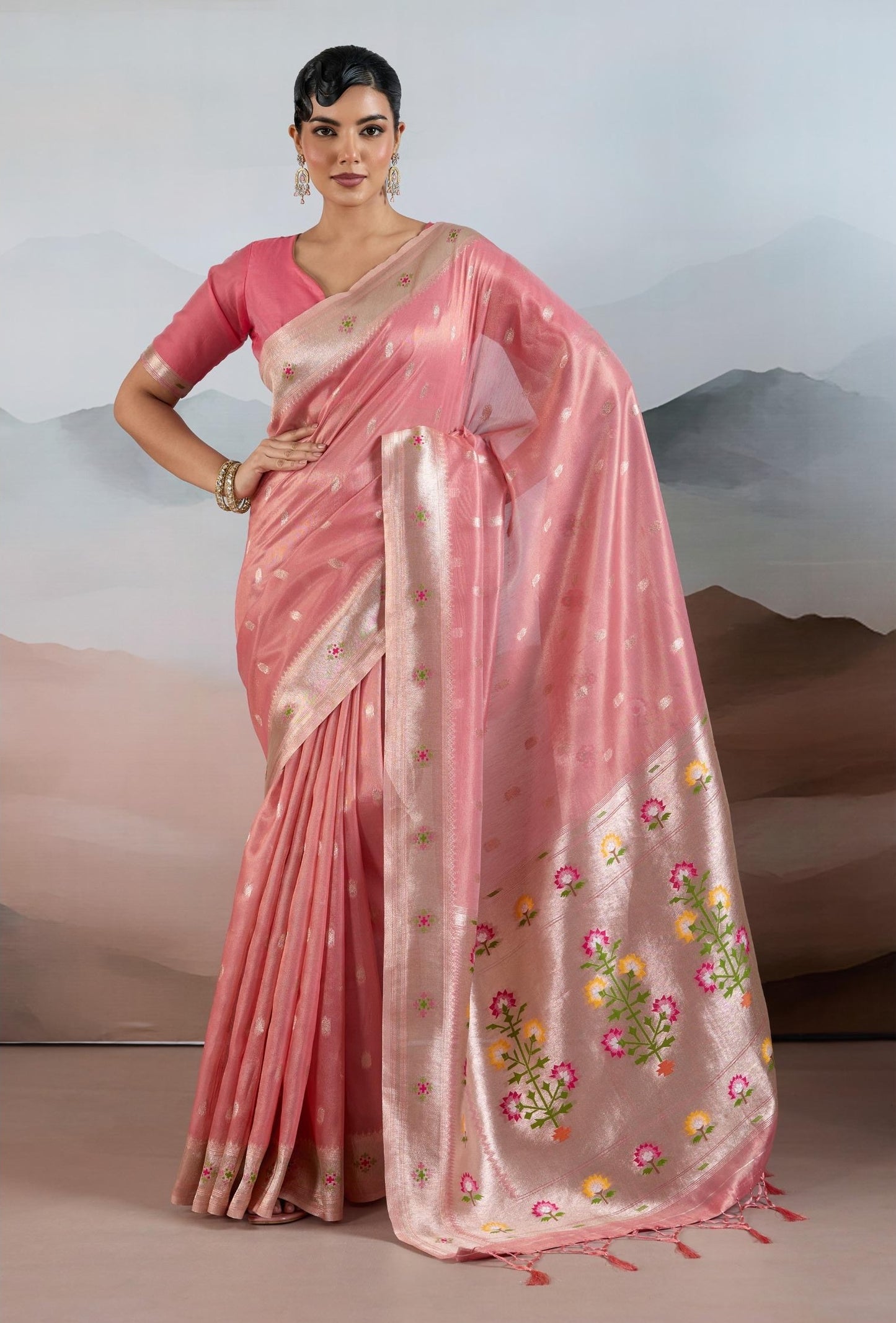 Peach Paithani Tissue Readymade/Easy Saree