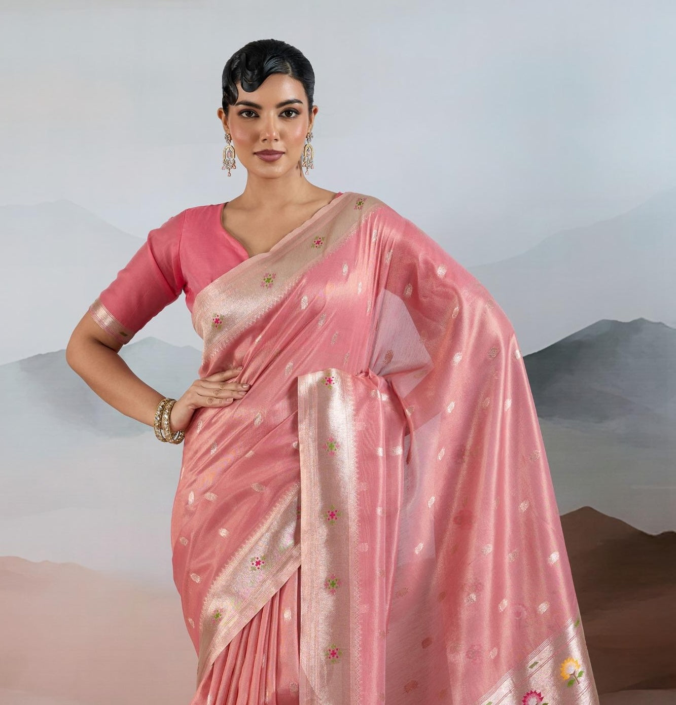 Peach Paithani Tissue Readymade/Easy Saree