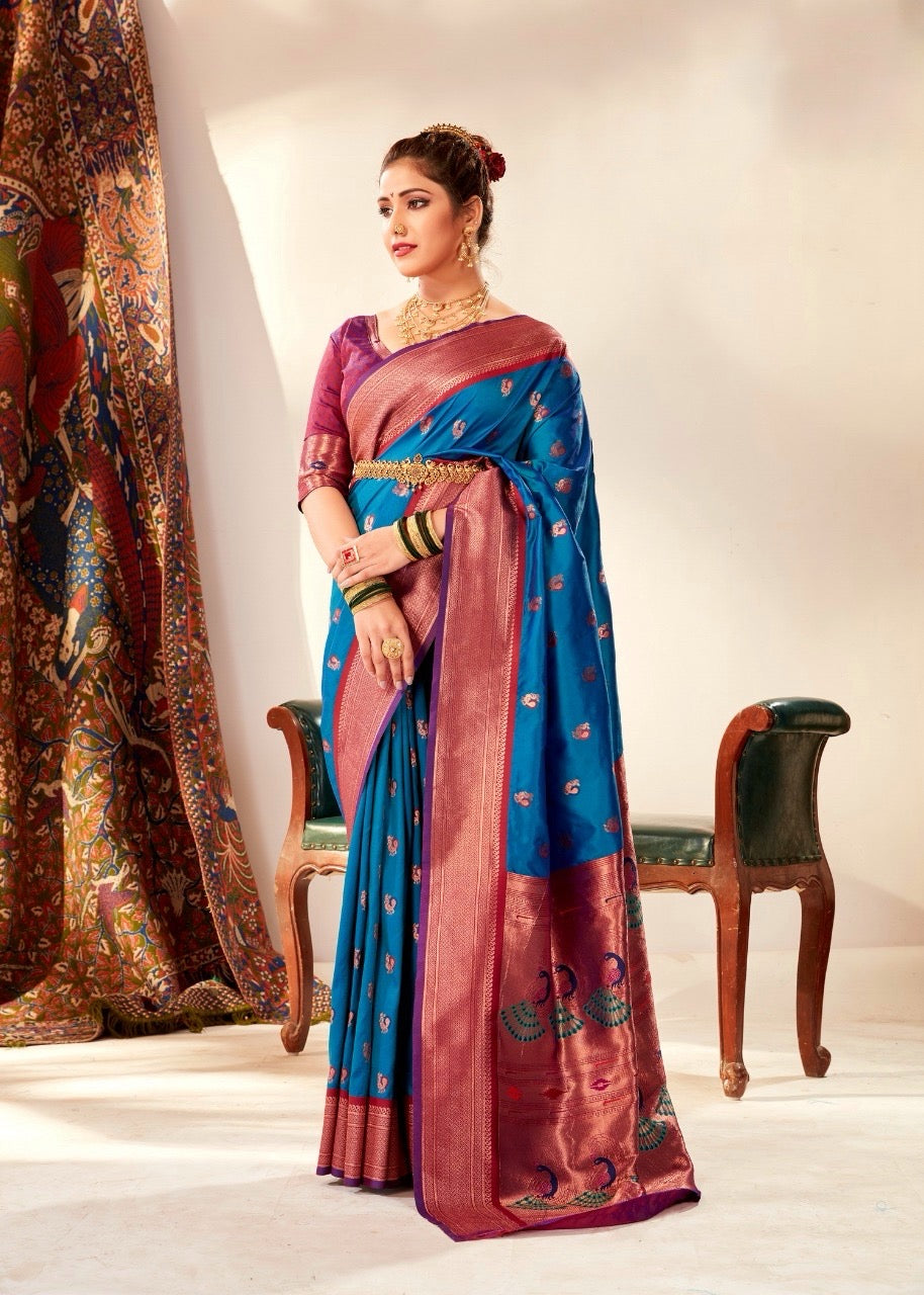 Blue Paithani Silk Readymade Saree With Customised Stitched Blouse