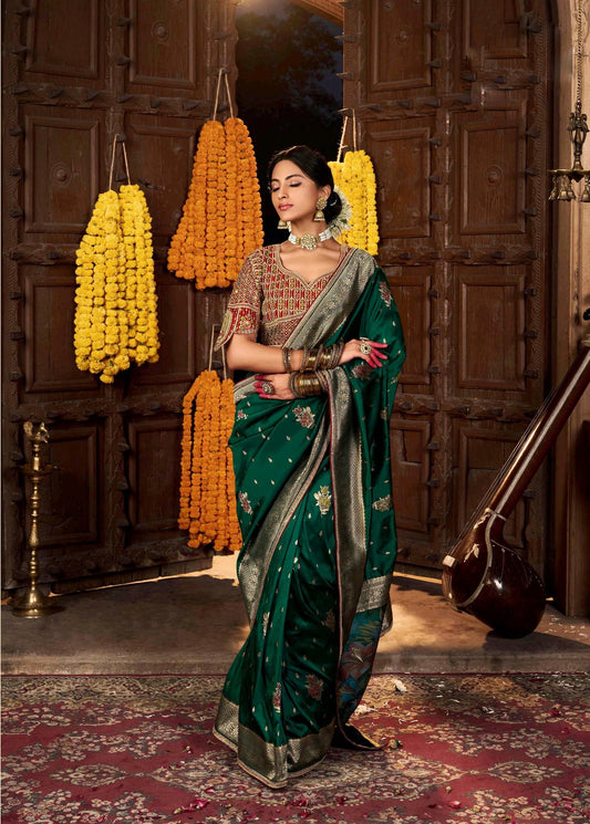 Bottle Green Color Banarasi Silk Readymade/Easy Saree