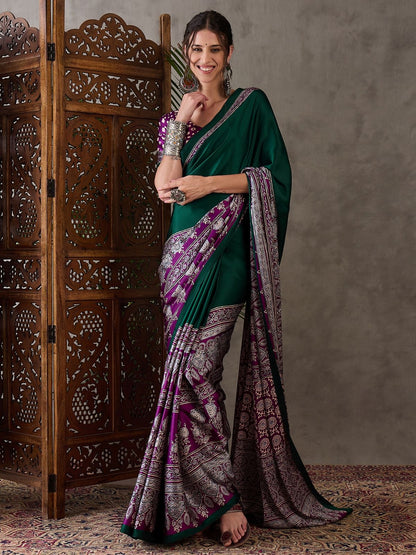 Green & Purple Crepe Silk Readymade/Easy Saree