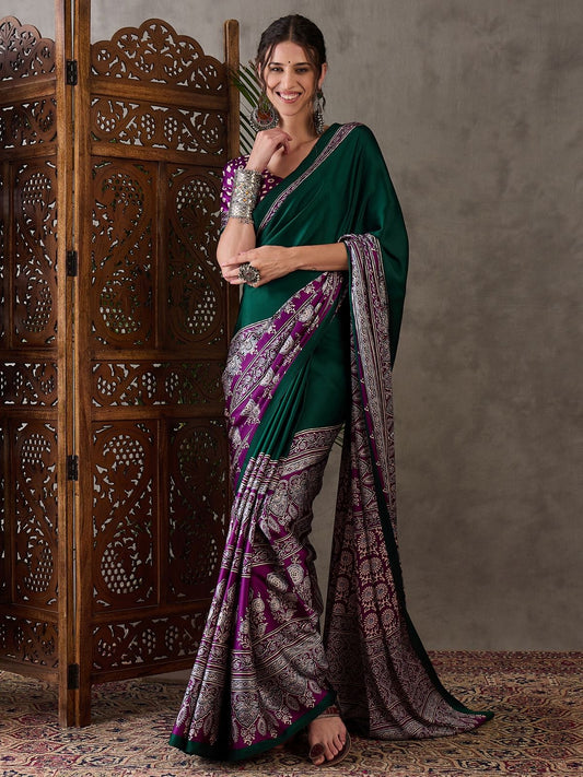 Green and Purple Crepe Silk Readymade/Easy Saree