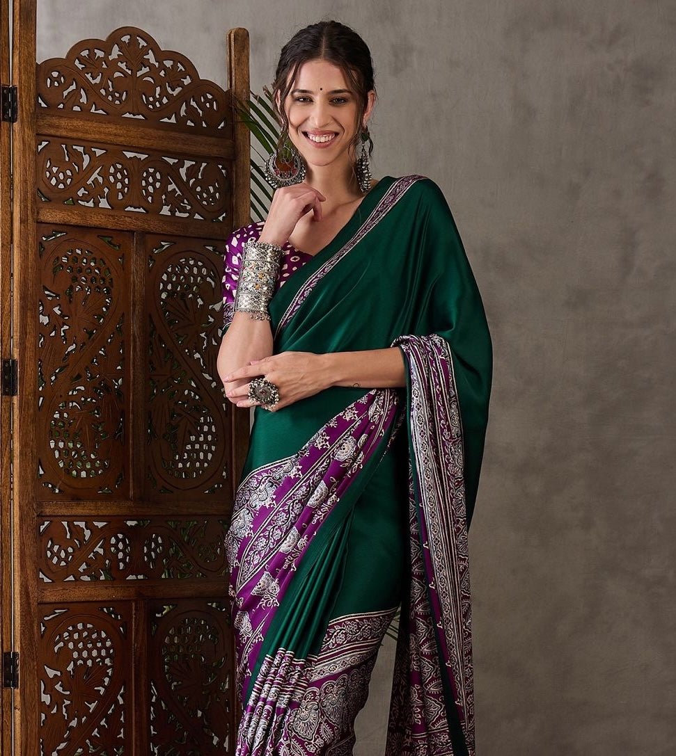 Green & Purple Crepe Silk Normal Drape Saree - Panaash Saree