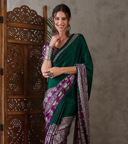Green & Purple Crepe Silk Normal Drape Saree - Panaash Saree
