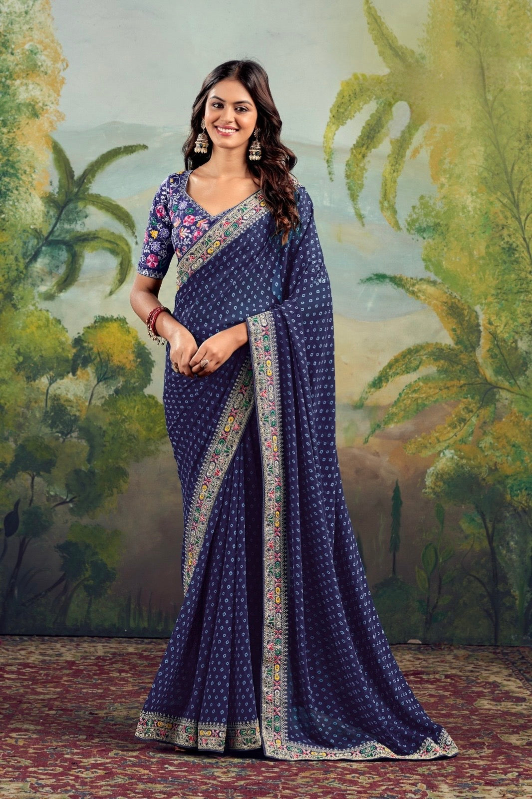 Navy Blue Georgette Readymade/Easy Saree