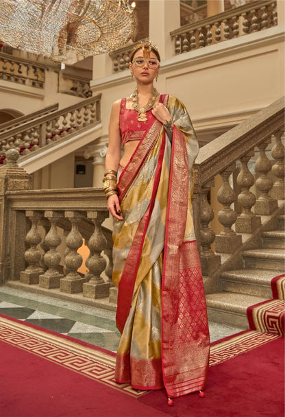 Red Color Satin Silk Readymade/Easy Saree