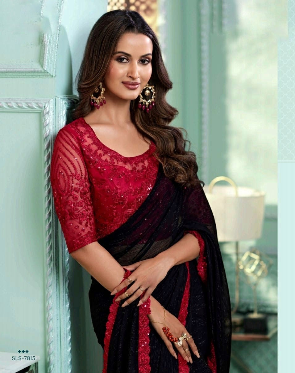 Black & Red Cocktail Georgette Readymade Saree