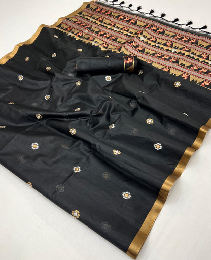 Black Munga Silk Ready To Wear/Easy Saree by Stylebypanaash