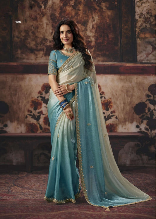 Two-tone soft silk ready-to-wear saree in light blue with cream drape and gold accents