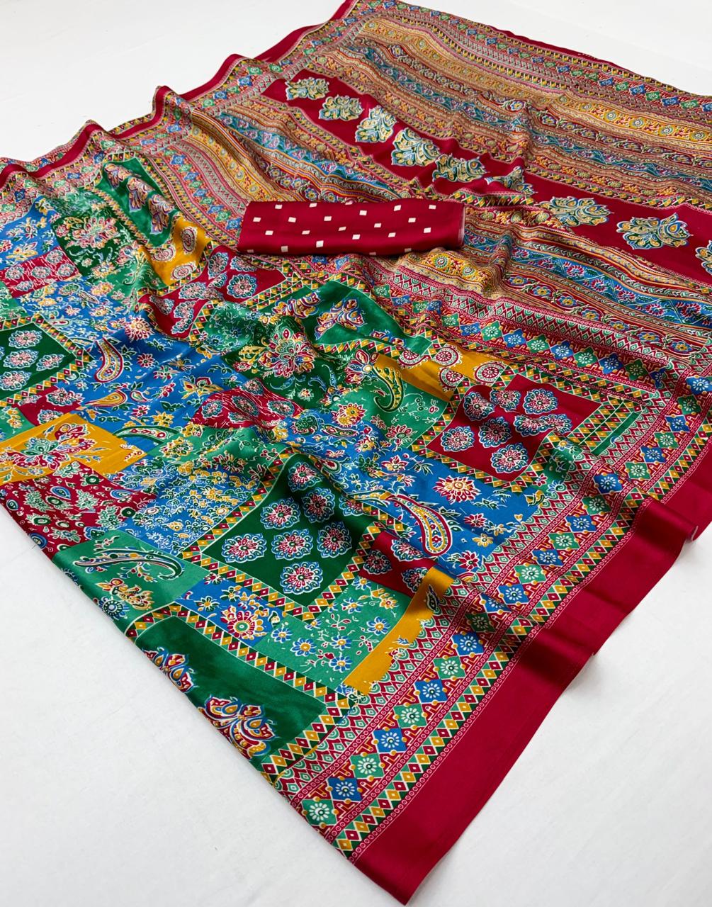 Red modal silk ready-to-wear saree with multicolor patchwork patterns and a red border