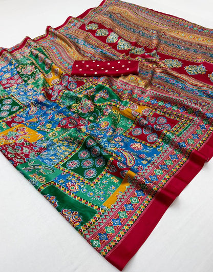 Red modal silk ready-to-wear saree with multicolor patchwork patterns and a red border