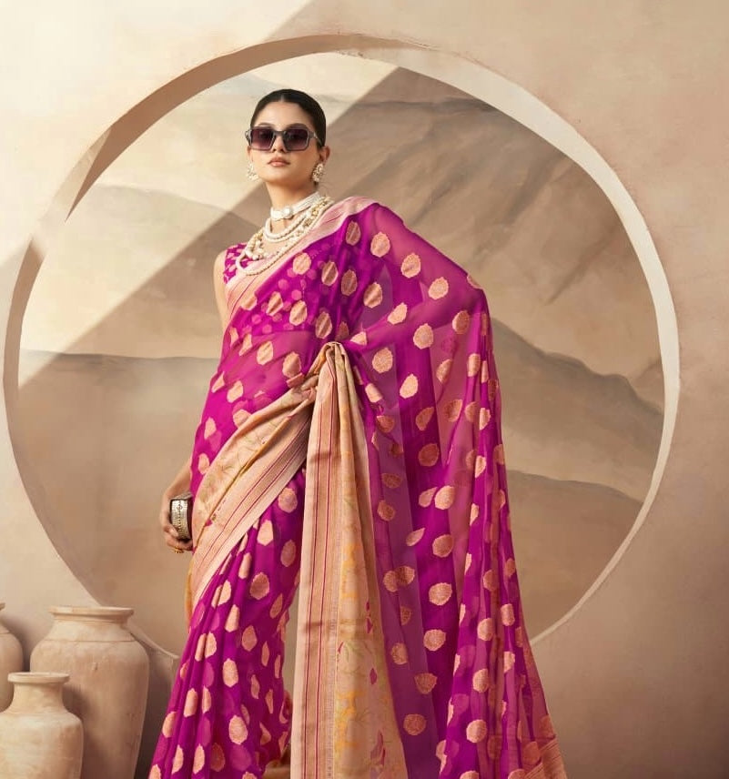 Fuchsia Pink Georgette Readymade/Easy Saree
