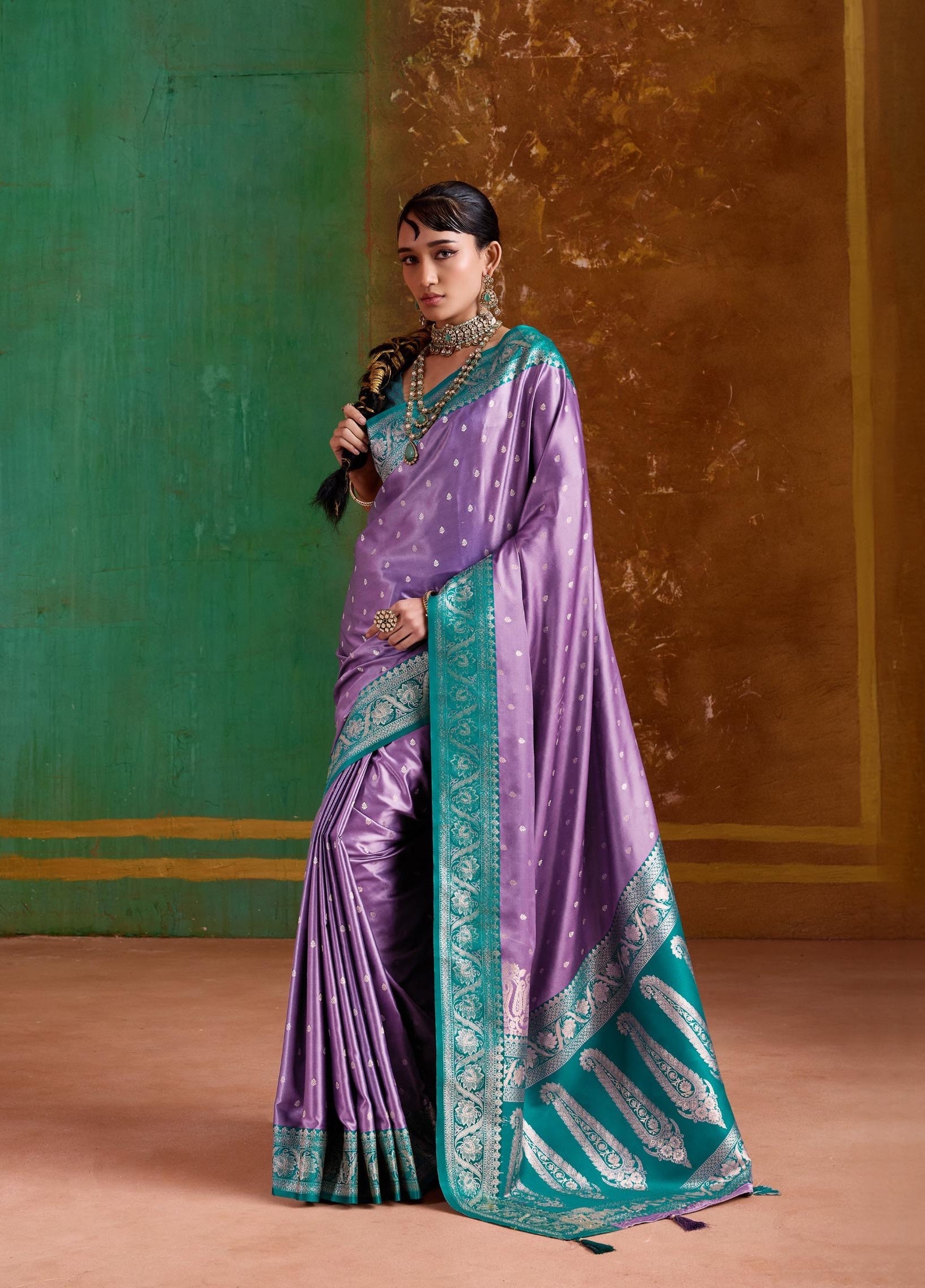 Lavender Purple Satin Silk Readymade/Easy Saree - Panaash Saree