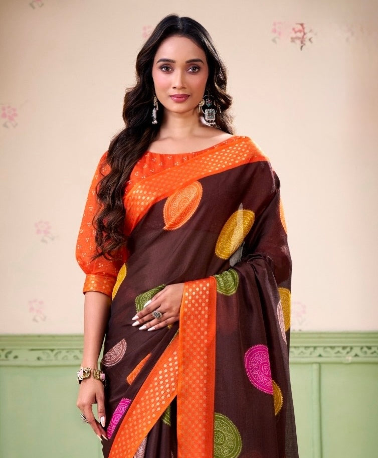Brown Polka Dot Readymade Crepe Silk Saree