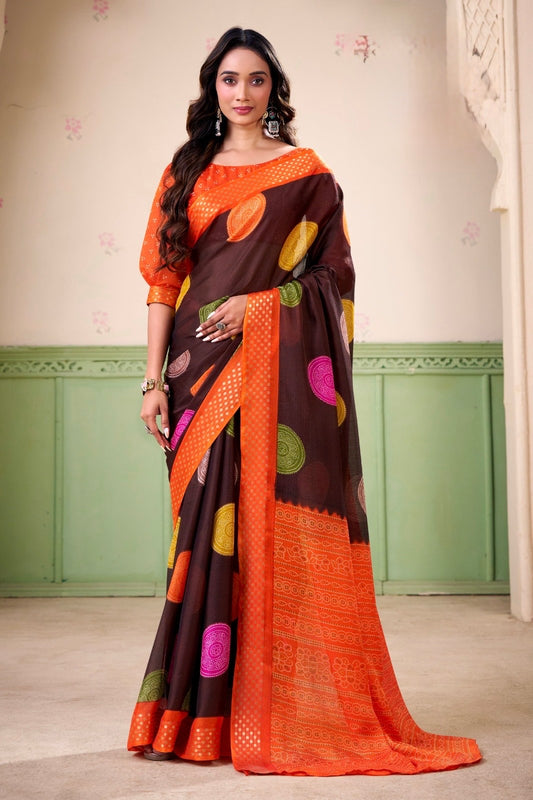 Brown Polka Dot Readymade Crepe Silk Saree