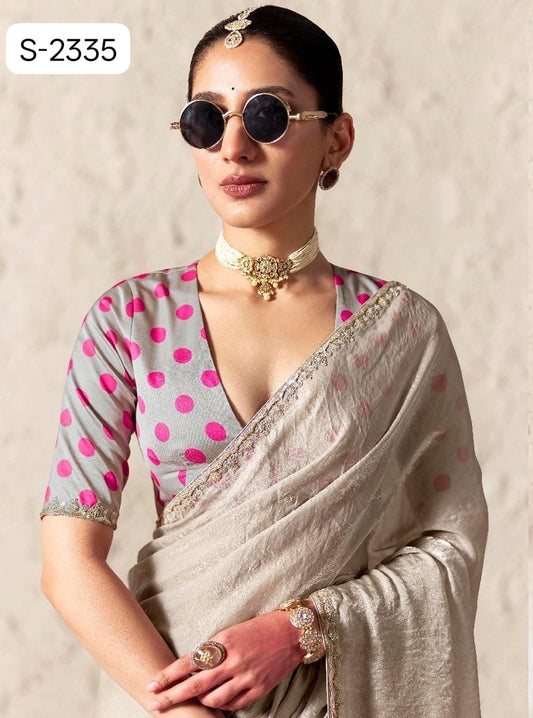 Beige Fancy Tissue Silk Ready to wear/Easy Saree - Panaash Saree
