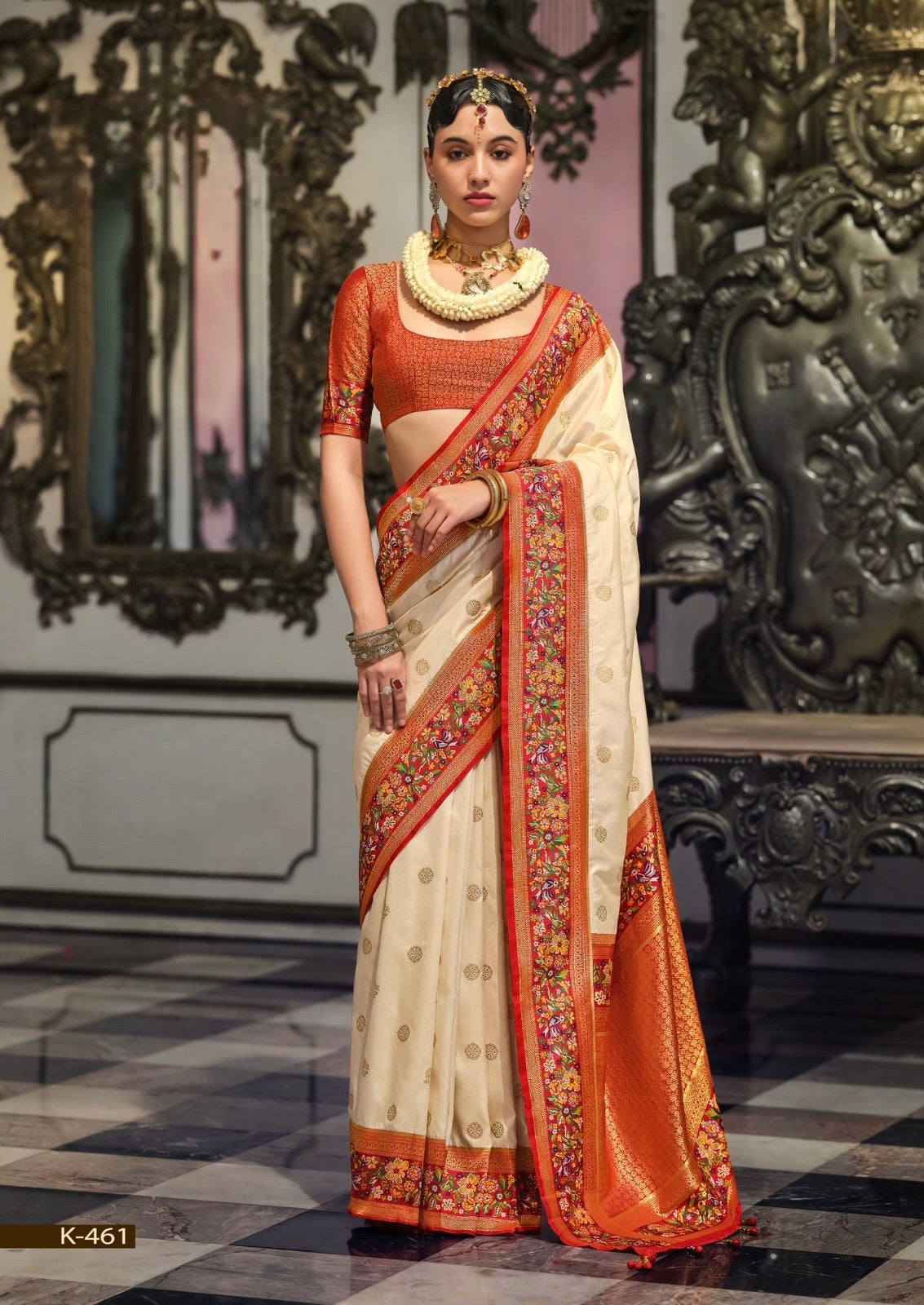 Off White Banarasi Silk Readymade/Easy Saree