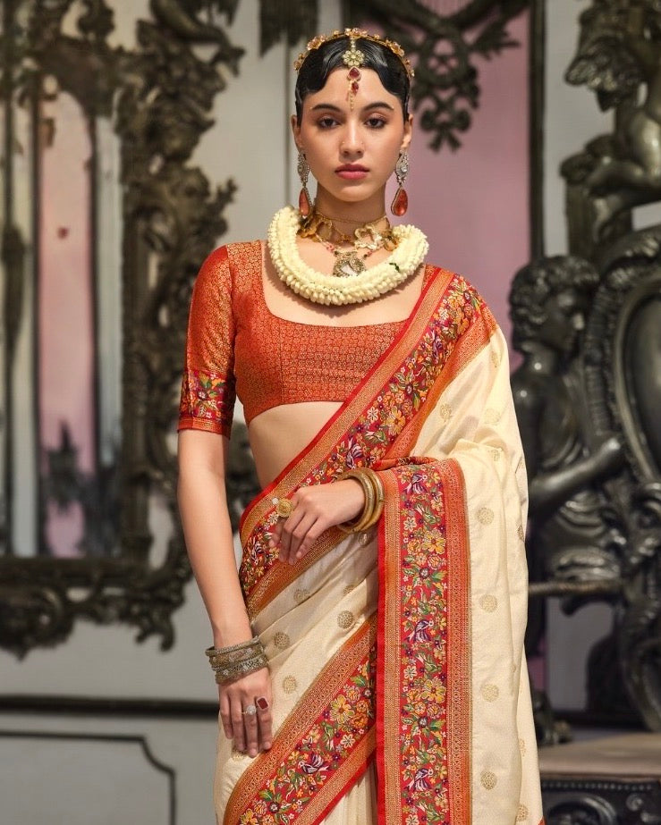 Off White Banarasi Silk Readymade/Easy Saree