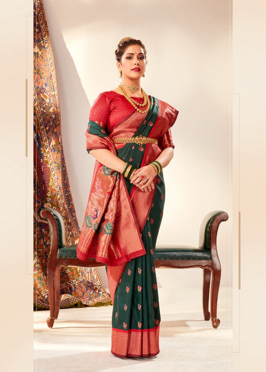 Bottle Green Paithani Silk Readymade Saree With Customised Stitched Blouse