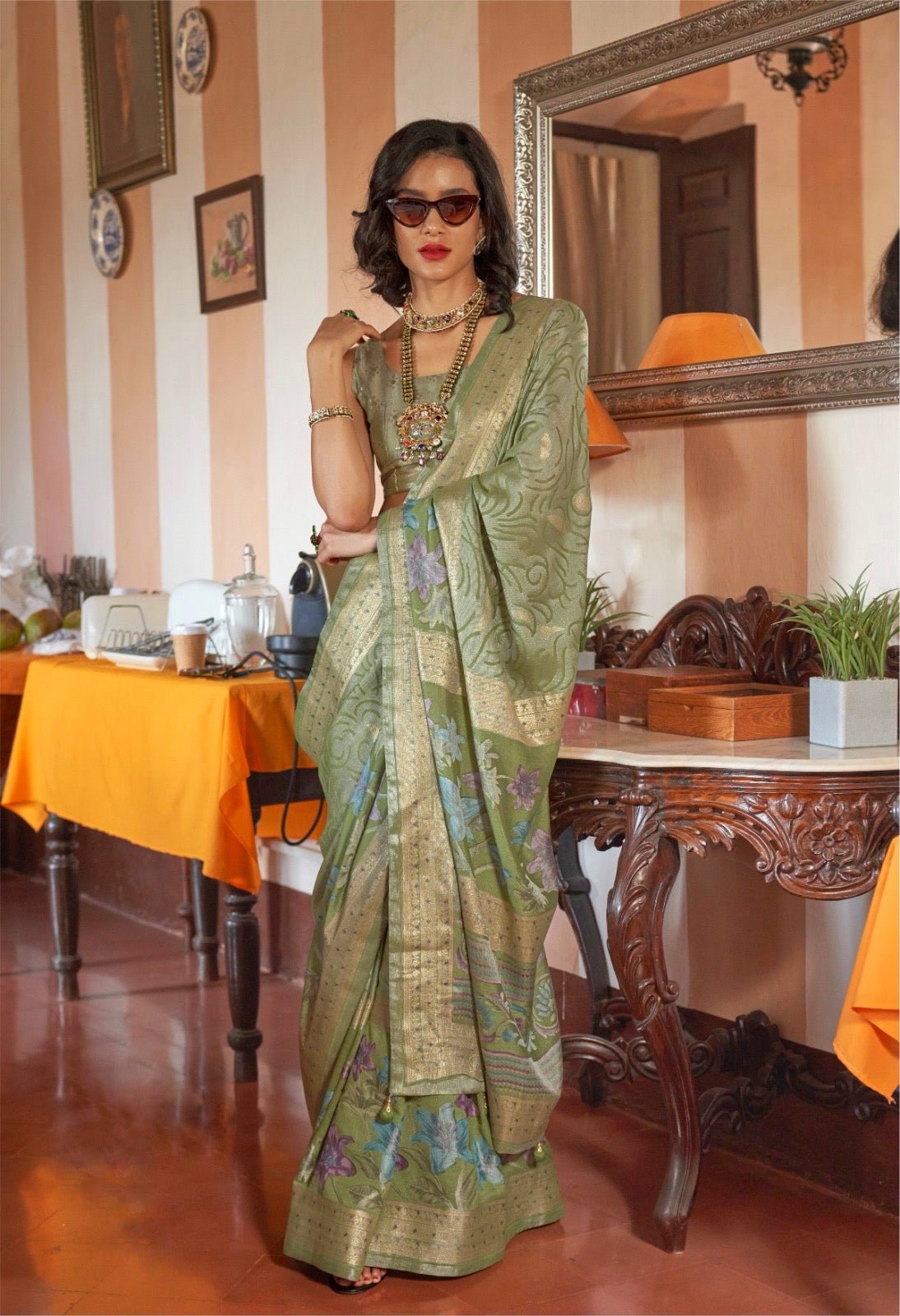 Olive Green Georgette Readymade/Easy Saree - Panaash Saree