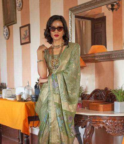 Olive Green Georgette Readymade/Easy Saree - Panaash Saree