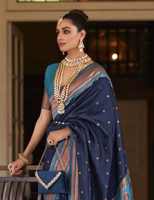 Buy JUST FASHION Navy Blue & Blue Woven Design Zari Silk Blend Paithani  Saree - Sarees for Women 26804732 | Myntra