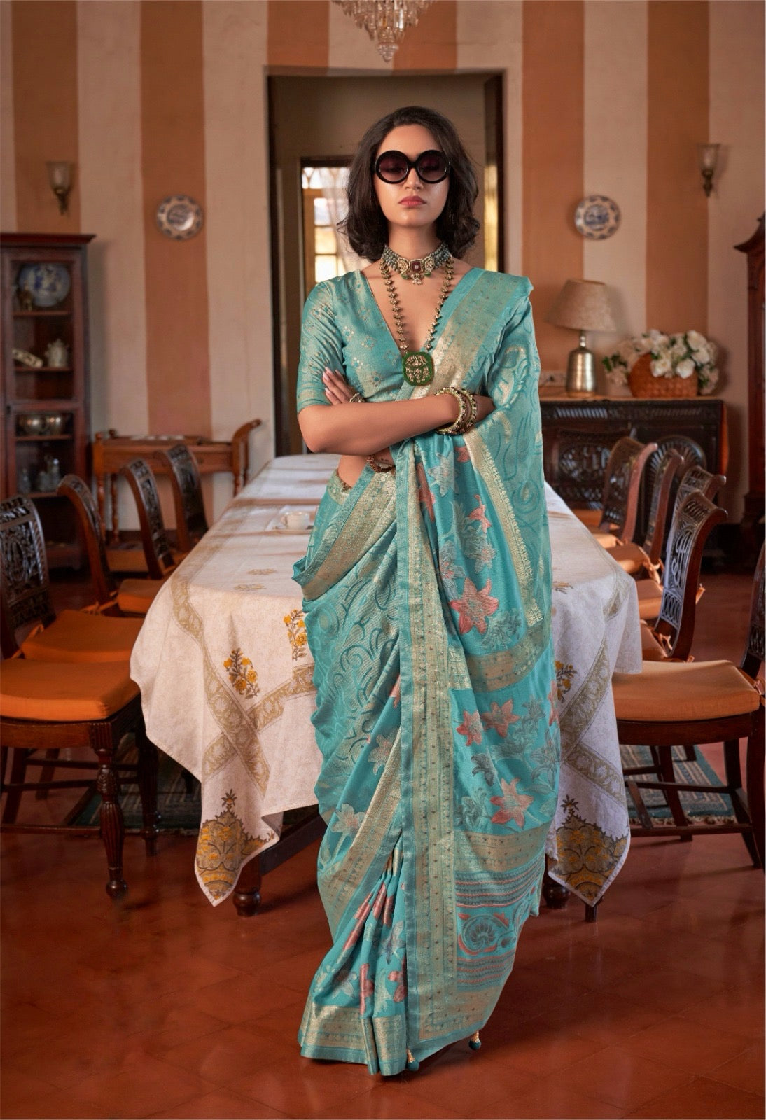 Teal Green Georgette Readymade/Easy Saree - Panaash Saree