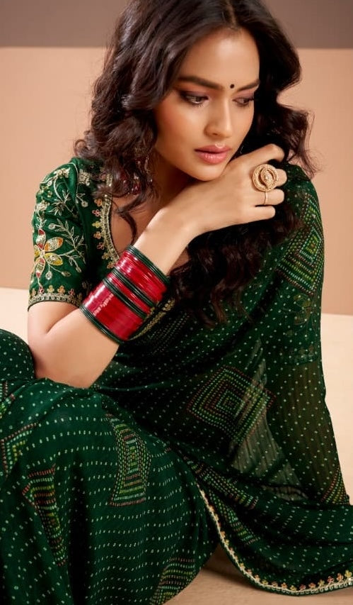 Bottle Green Georgette Readymade/Easy Saree - Panaash Saree