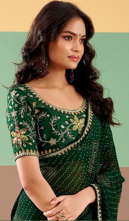 Bottle Green Georgette Readymade/Easy Saree - Panaash Saree