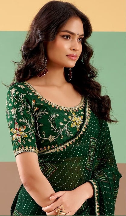 Bottle Green Georgette Readymade/Easy Saree - Panaash Saree