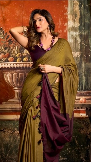 Olive green ready-to-wear saree with wine/purple draped border and V-neck blouse