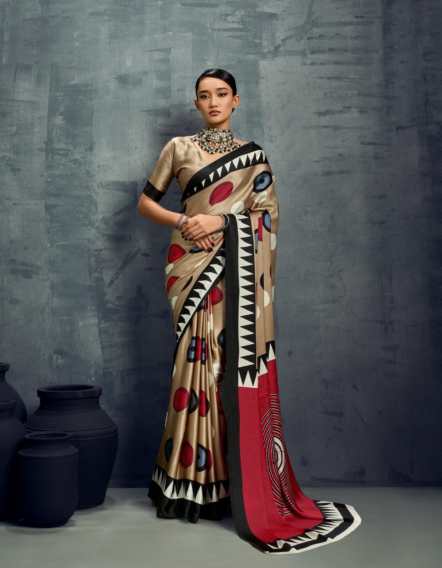 Golden Beige Crepe Silk Normal Drape Saree - Panaash Saree