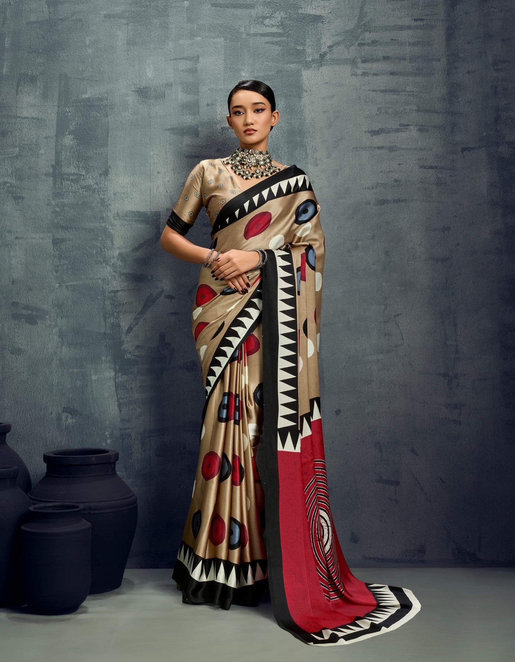 Golden Beige Crepe Silk Normal Drape Saree - Panaash Saree