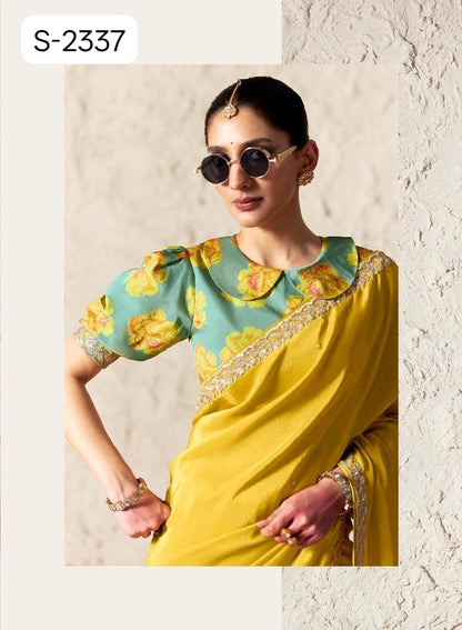 Yellow Fancy Tissue Silk Ready to wear/Easy Saree - Panaash Saree